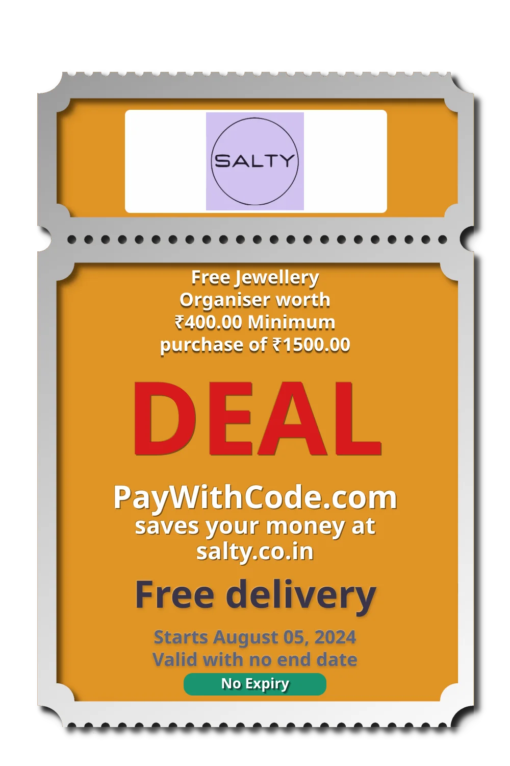 Free Jewellery Organiser worth ₹400.00 
Minimum purchase of ₹1500.00 at Salty