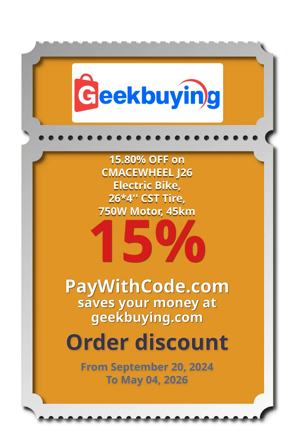 15.80% OFF on CMACEWHEEL J26 Electric Bike, 26*4'' CST Tire, 750W Motor, 45km at Geekbuying