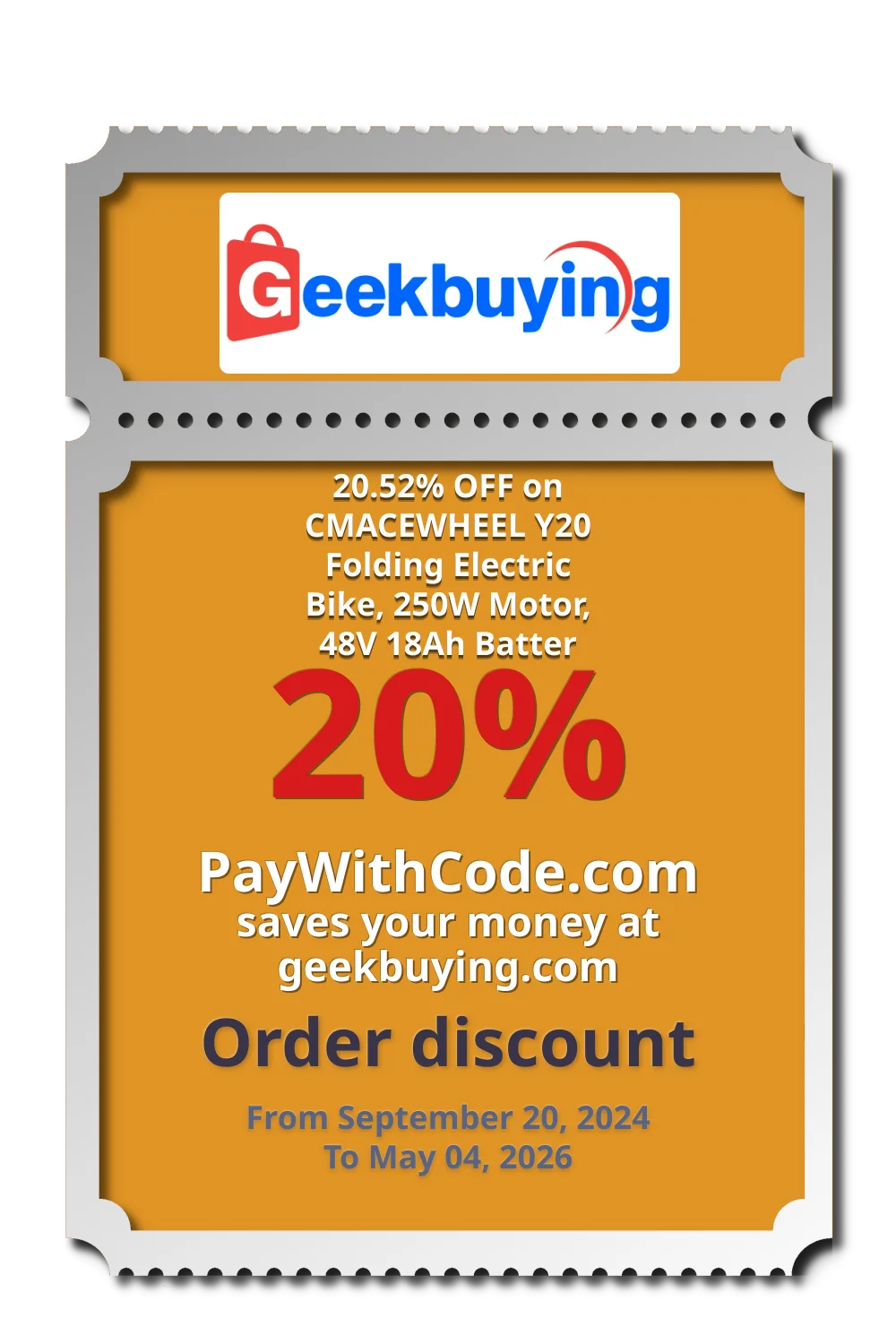 20.52% OFF on CMACEWHEEL Y20 Folding Electric Bike, 250W Motor, 48V 18Ah Batter at Geekbuying