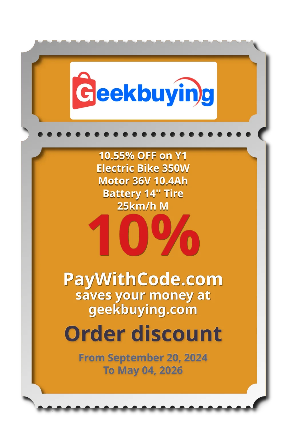 10.55% OFF on Y1 Electric Bike 350W Motor 36V 10.4Ah Battery 14'' Tire 25km/h M at Geekbuying