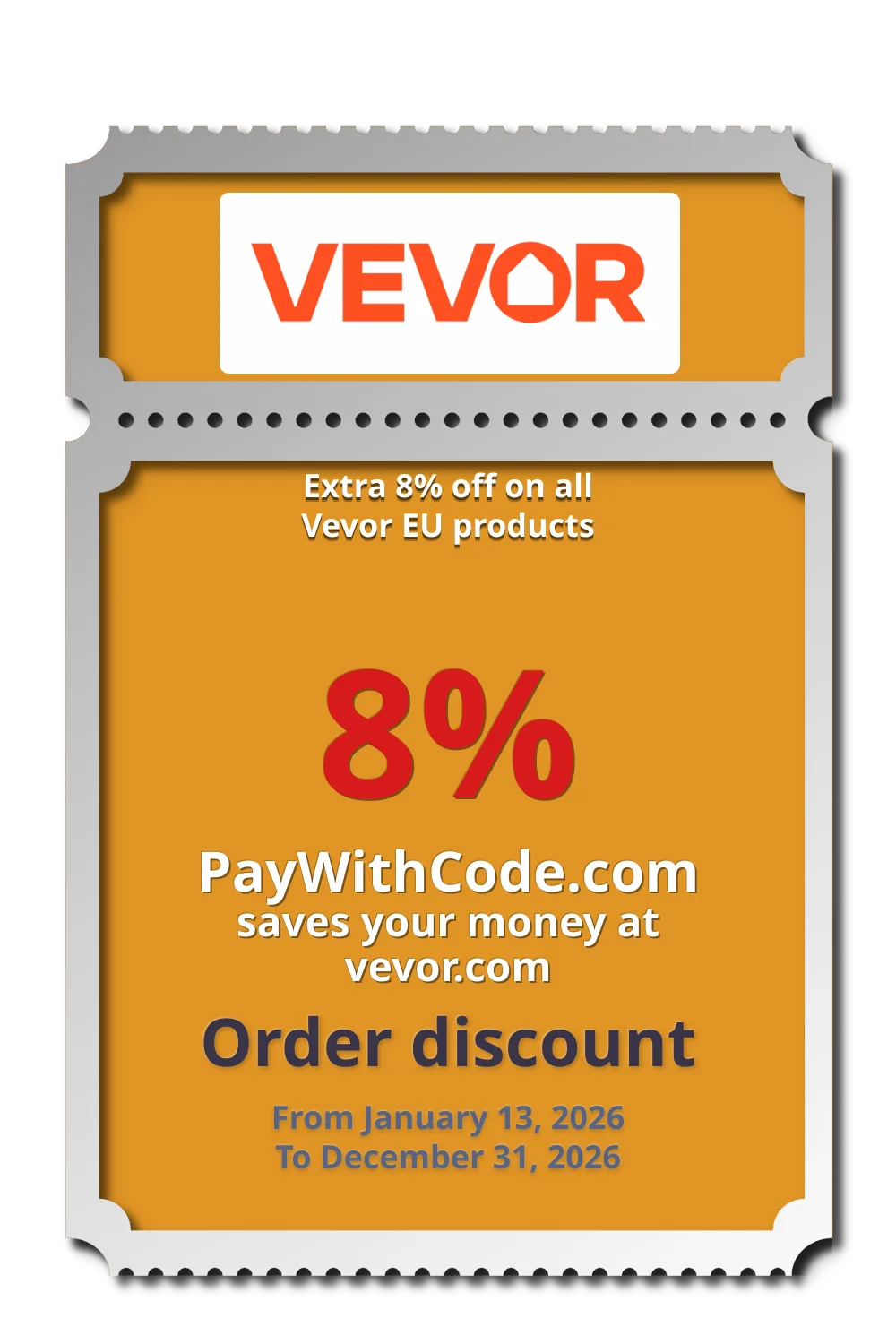 Extra 8% off on all Vevor EU products at Vevor