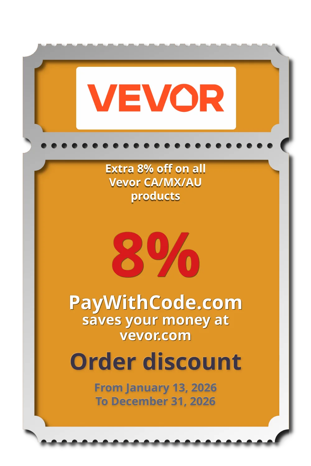 Extra 8% off on all Vevor CA/MX/AU products at Vevor