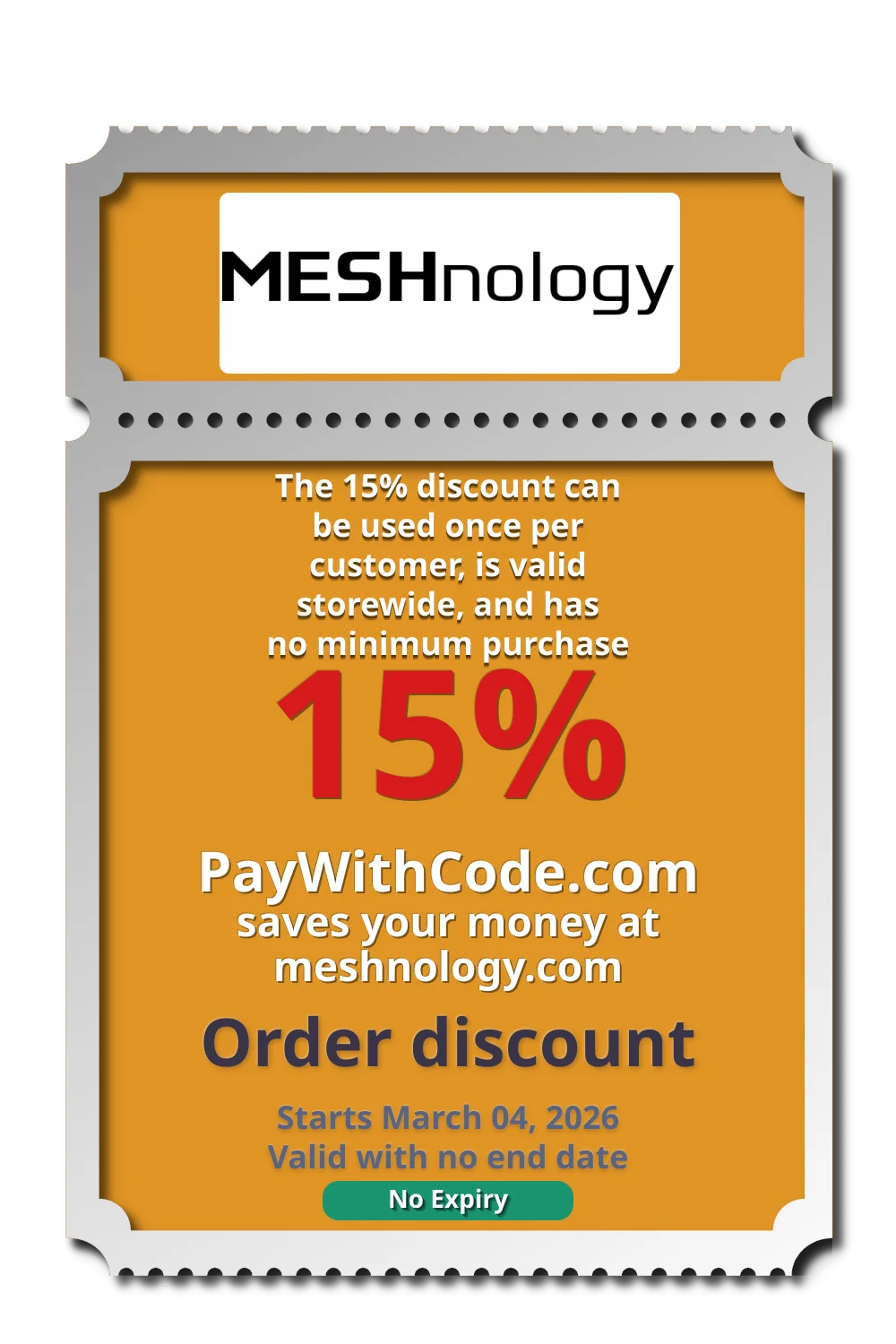 The 15% discount can be used once per customer, is valid storewide, and has no minimum purchase at Meshnology Оборудование для Meshtastic и LoRa