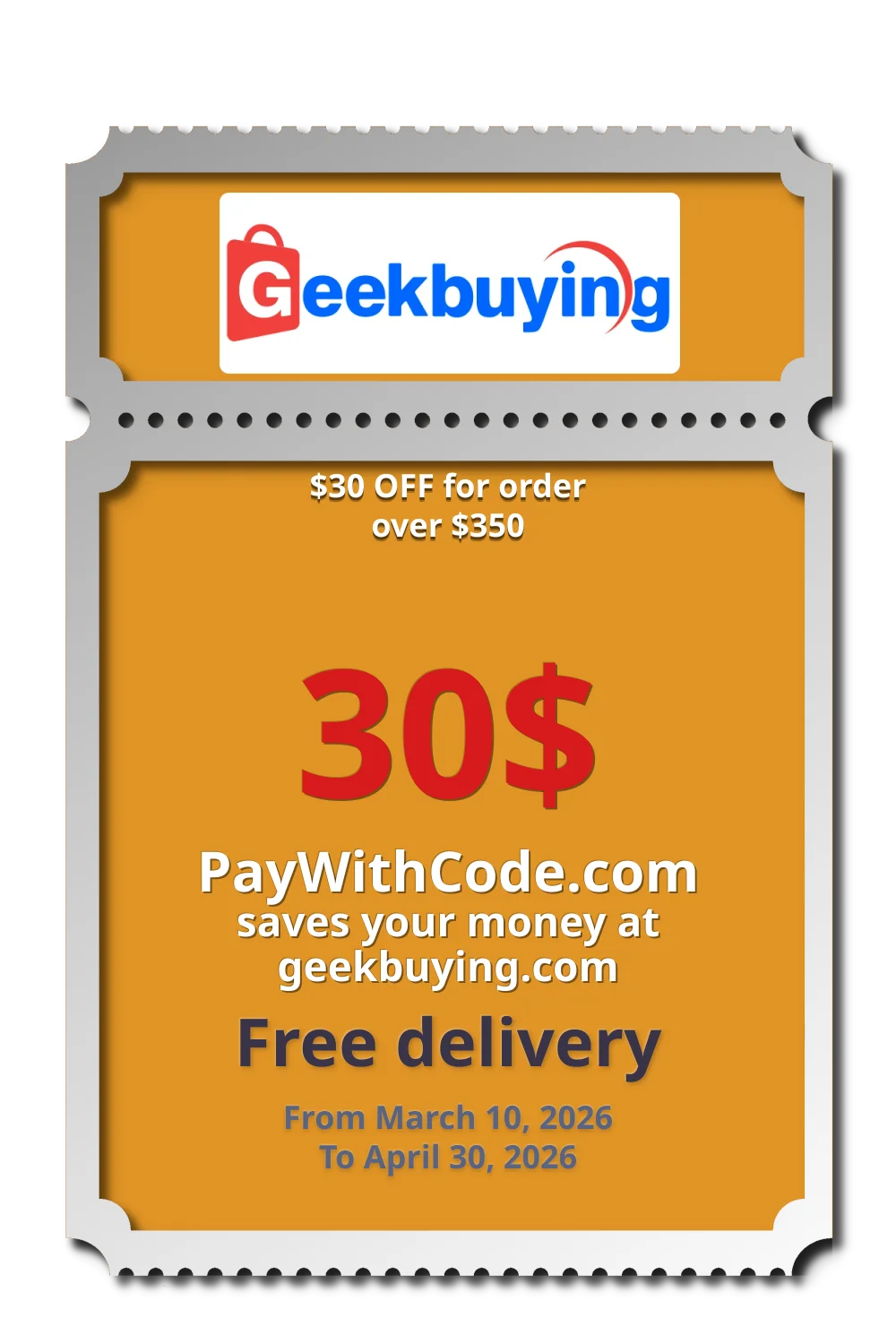 $30 OFF for order over $350 at Geekbuying