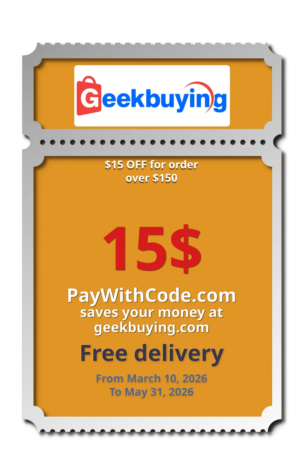 $15 OFF for order over $150 at Geekbuying