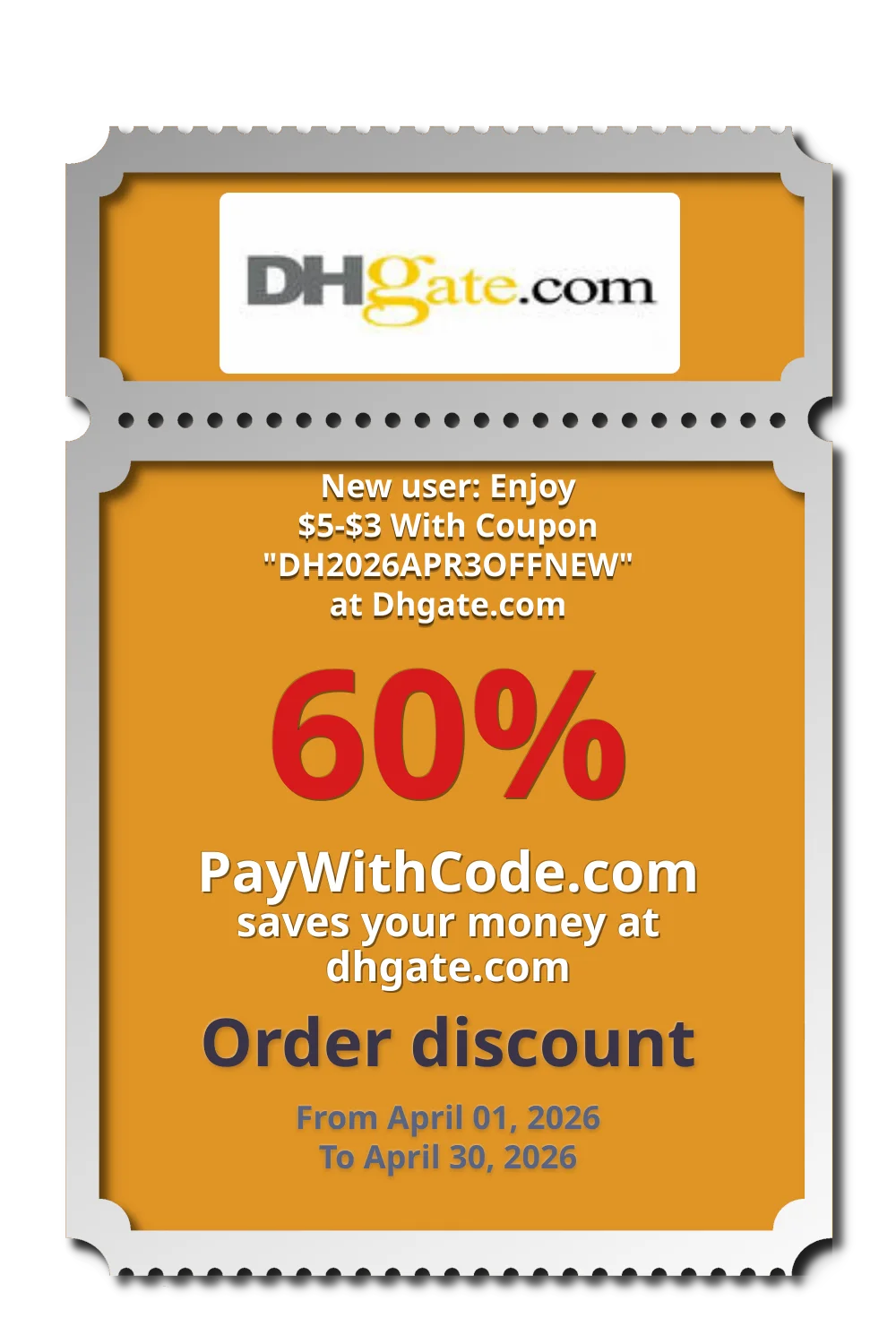 New user: Enjoy $5-$3 With Coupon "DH2026APR3OFFNEW" at Dhgate.com at DHgate