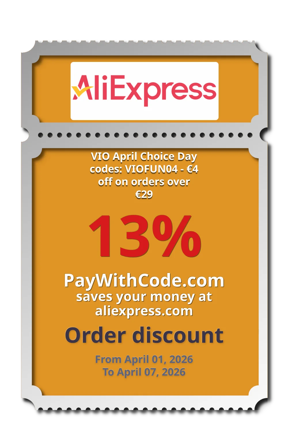 VIO April Choice Day codes: VIOFUN04 - €4 off on orders over €29 at AliExpress