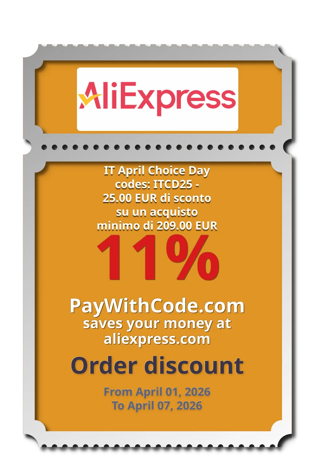 IT April Choice Day codes: ITCD25 - 25.00 EUR di sconto su un acquisto minimo di 209.00 EUR at AliExpress