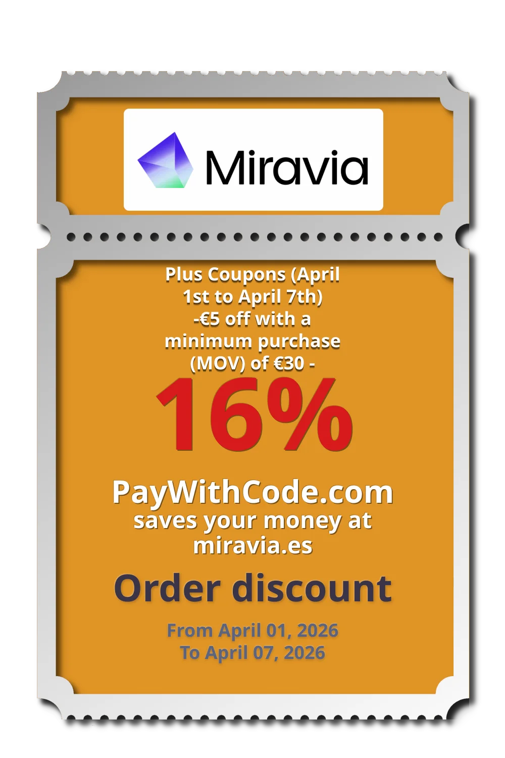 Plus Coupons (April 1st to April 7th)
-€5 off with a minimum purchase (MOV) of €30 - 5TH504 at Miravia