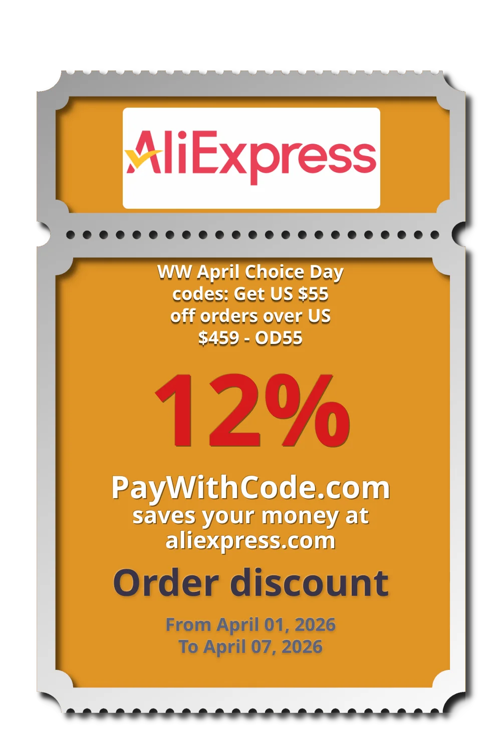 WW April Choice Day codes: Get US $55 off orders over US $459 - OD55 at AliExpress