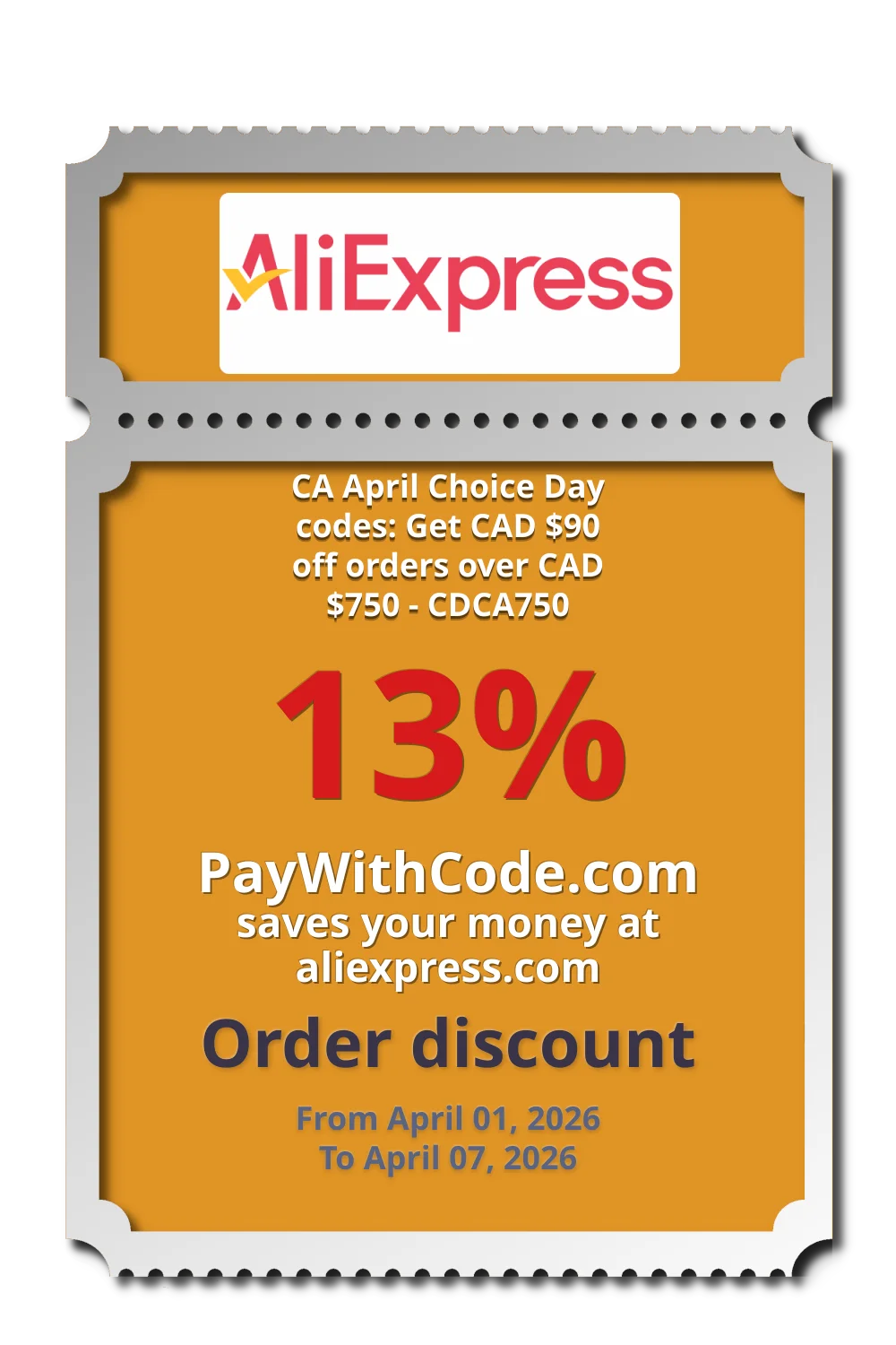 CA April Choice Day codes: Get CAD $90 off orders over CAD $750 - CDCA750 at AliExpress