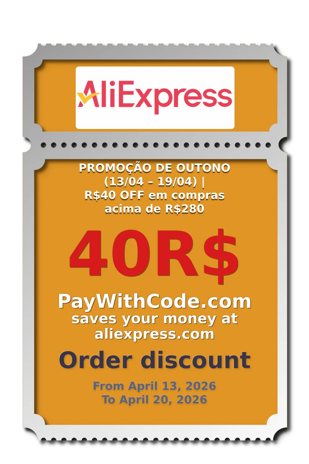 PROMOÇÃO DE OUTONO (13/04 – 19/04) | R$40 OFF em compras acima de R$280 at AliExpress