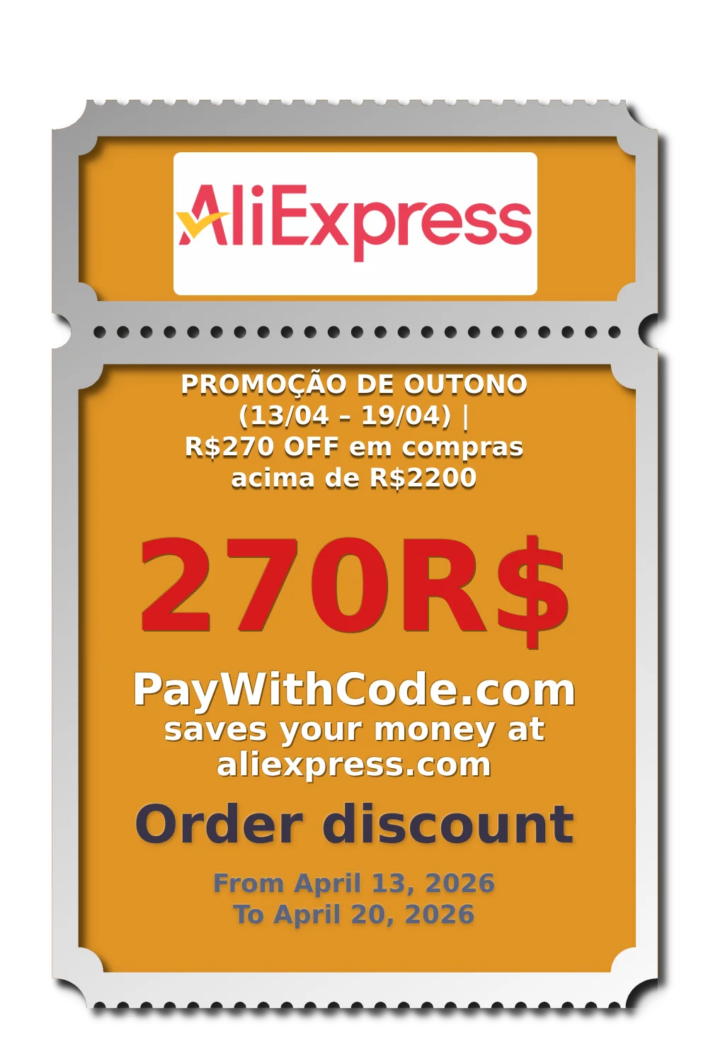 PROMOÇÃO DE OUTONO (13/04 – 19/04) | R$270 OFF em compras acima de R$2200 at AliExpress