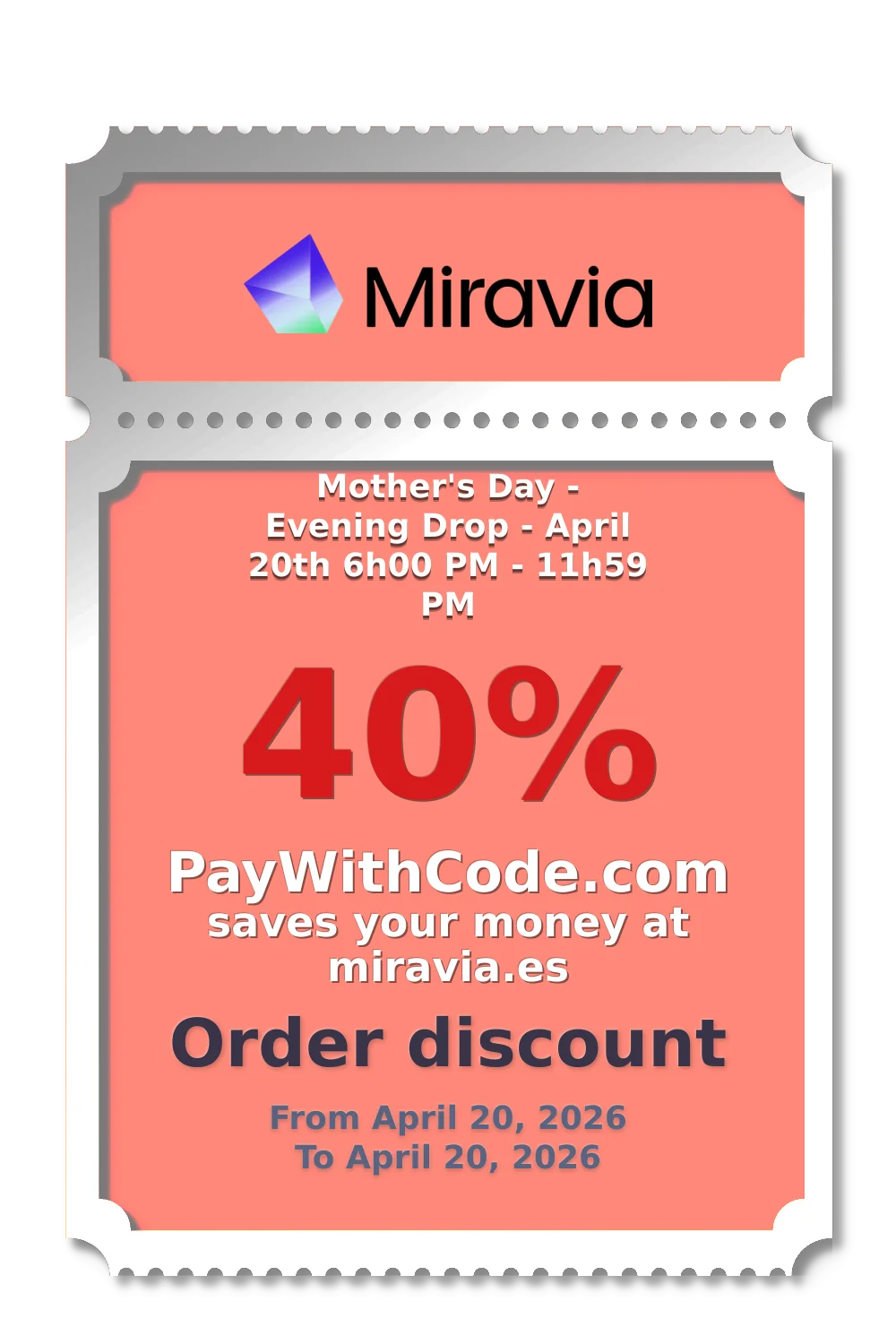 Mother's Day - Evening Drop - April 20th 6h00 PM - 11h59 PM at Miravia