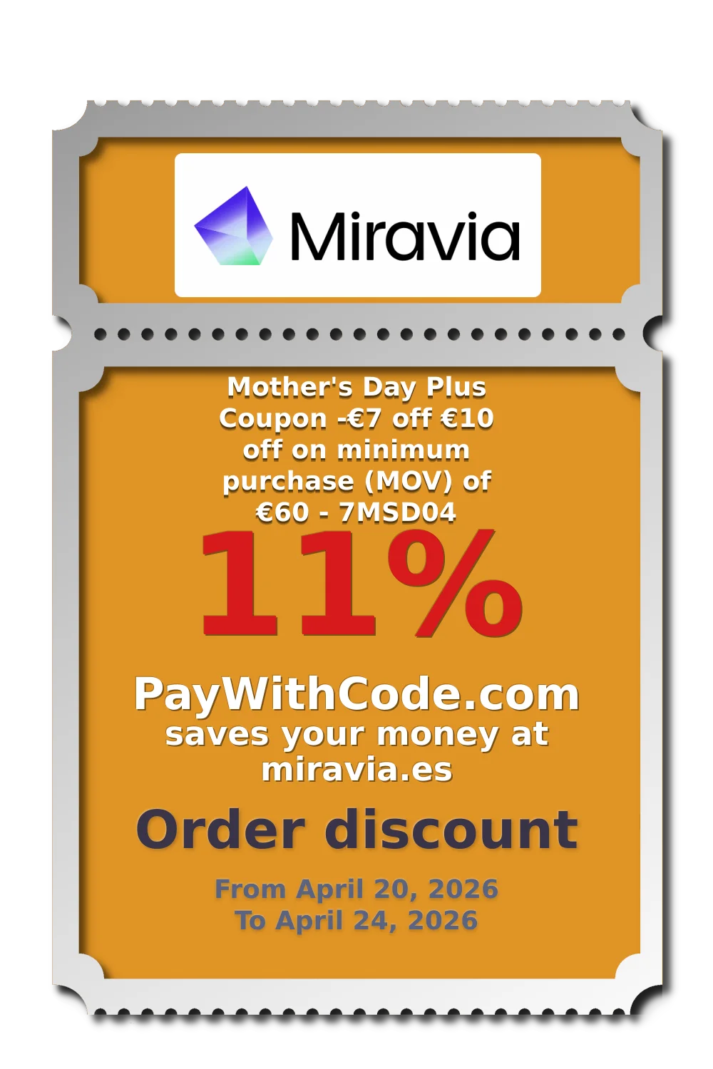 Mother's Day Plus Coupon
-€7 off €10 off on minimum purchase (MOV) of €60 - 7MSD04 at Miravia