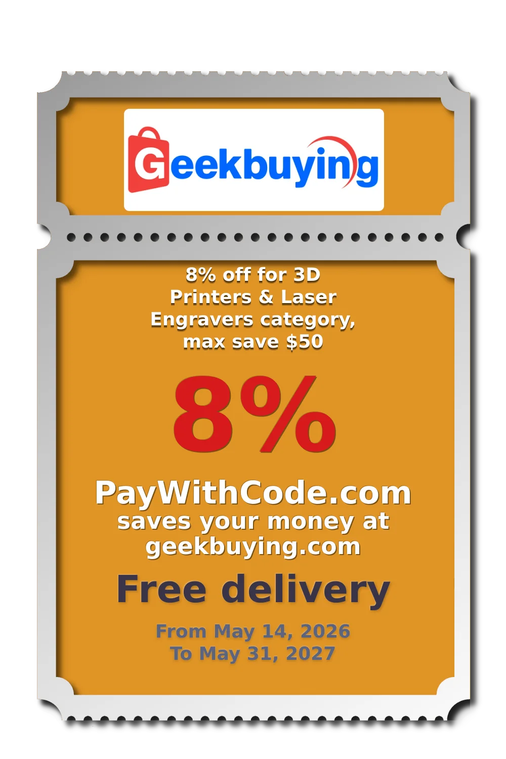 8% off for 3D Printers & Laser Engravers category, max save $50 at Geekbuying