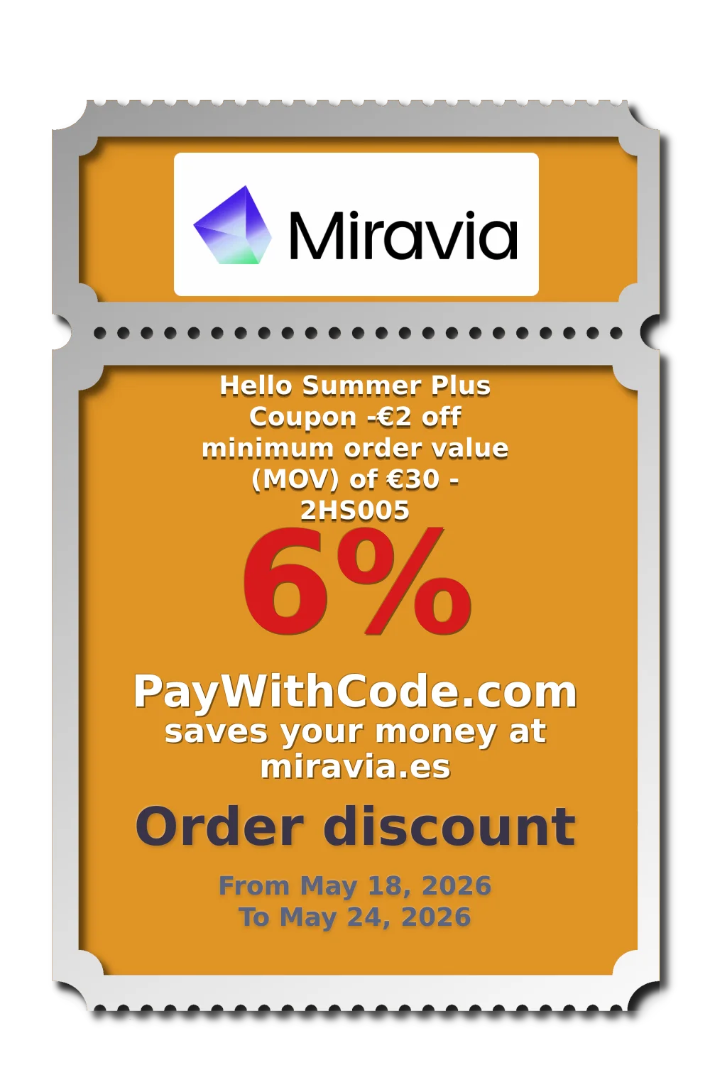 Hello Summer Plus Coupon
-€2 off minimum order value (MOV) of €30 - 2HS005 at Miravia