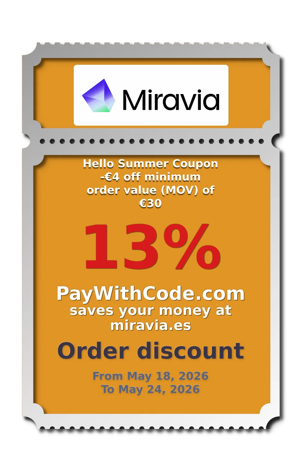 Hello Summer Coupon
-€4 off minimum order value (MOV) of €30 at Miravia