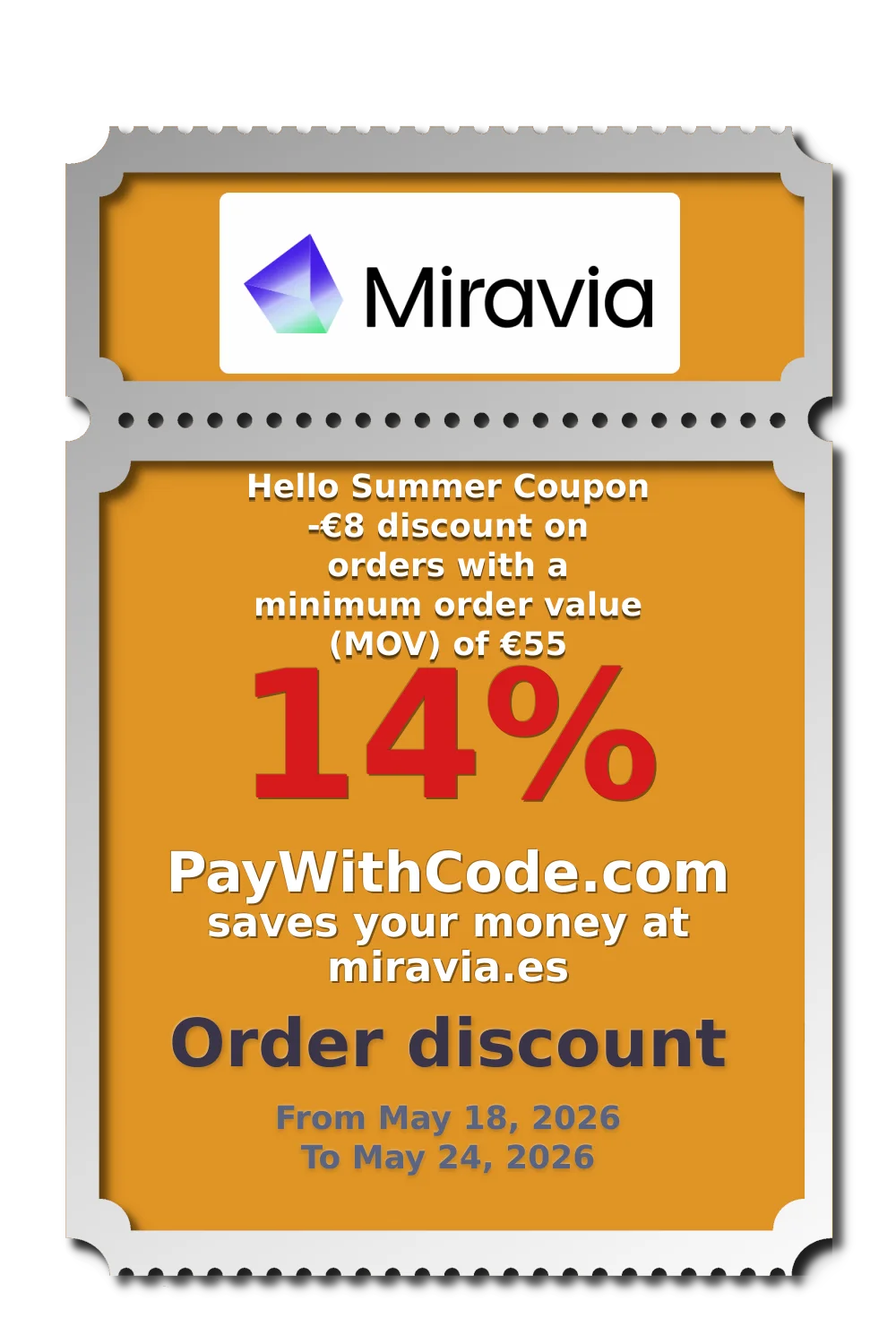 Hello Summer Coupon
-€8 discount on orders with a minimum order value (MOV) of €55 at Miravia