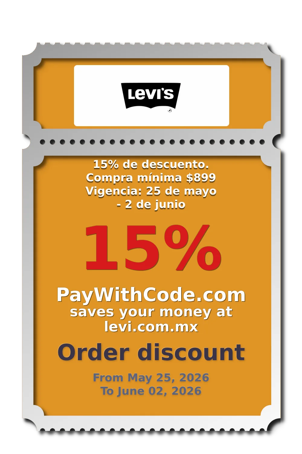15% de descuento. Compra mínima $899
Vigencia: 25 de mayo - 2 de junio at Levis