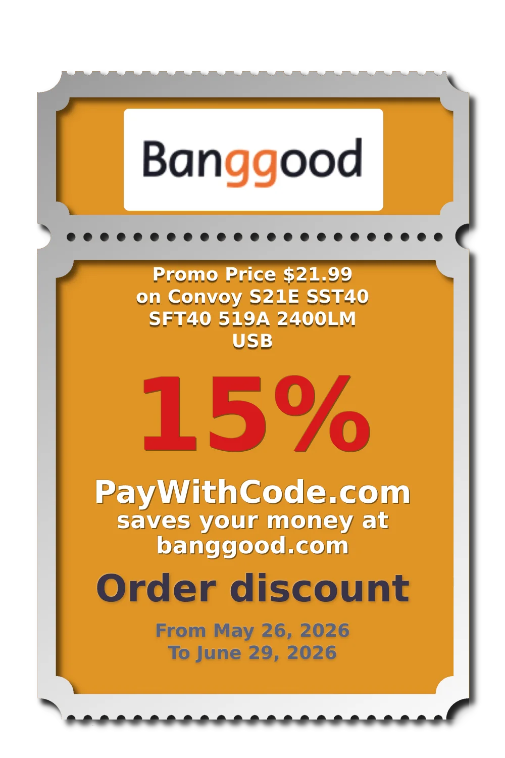 Promo Price $21.99 on Convoy S21E SST40 SFT40 519A 2400LM USB at Banggood