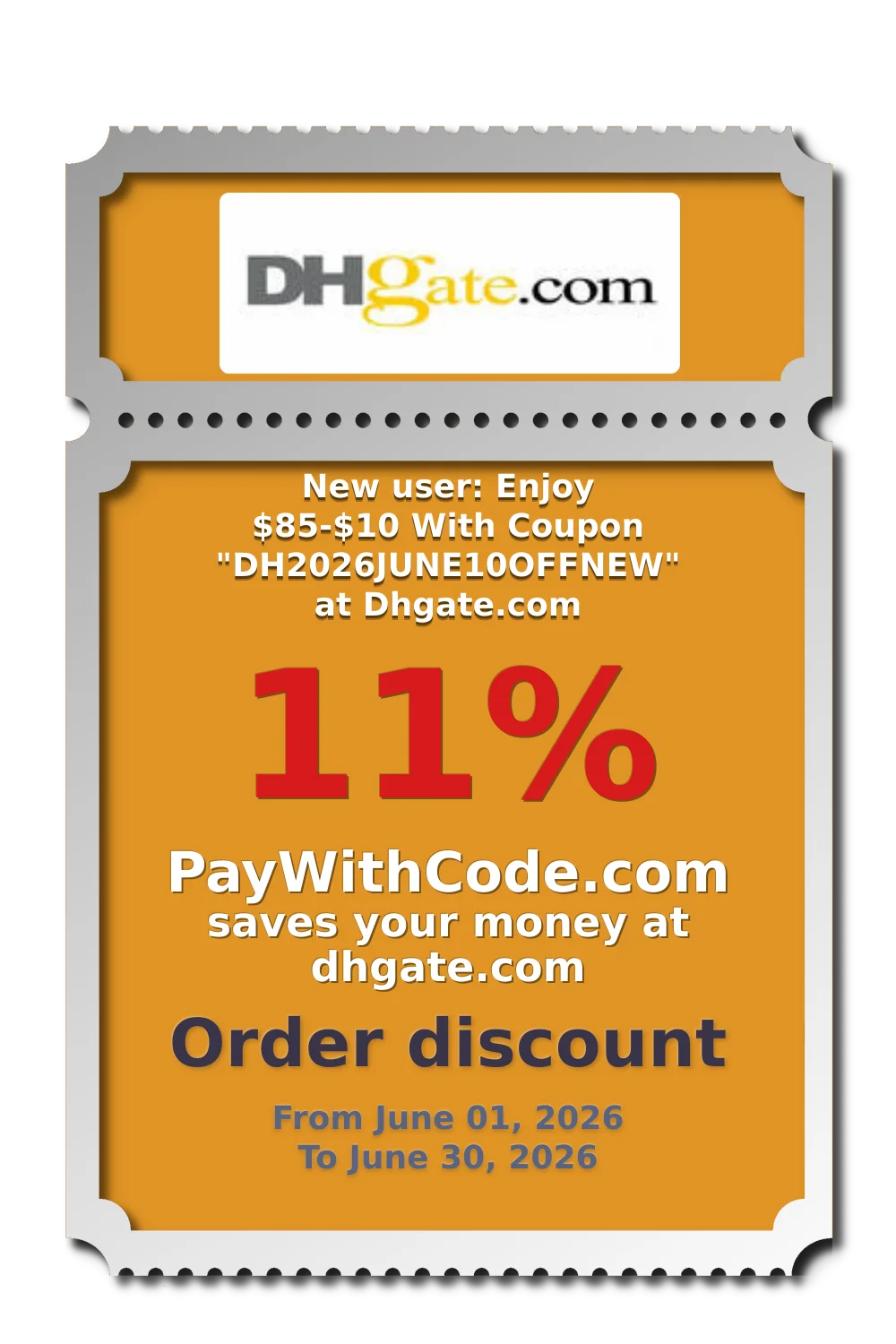 New user: Enjoy $85-$10 With Coupon "DH2026JUNE10OFFNEW" at Dhgate.com at DHgate