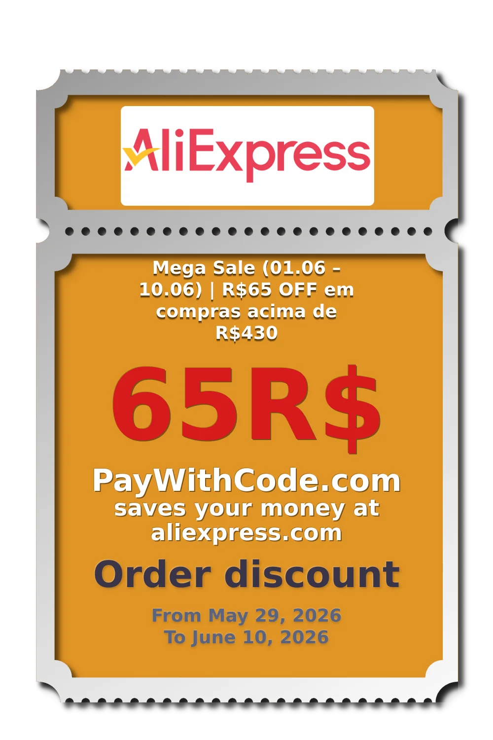Mega Sale (01.06 – 10.06) | R$65 OFF em compras acima de R$430 at AliExpress