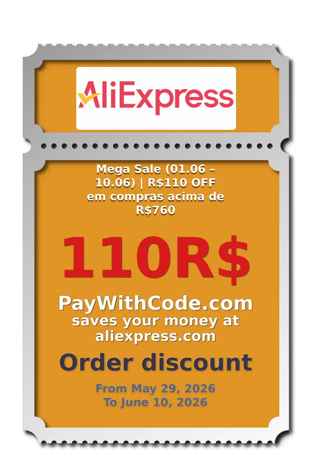 Mega Sale (01.06 – 10.06) | R$110 OFF em compras acima de R$760 at AliExpress