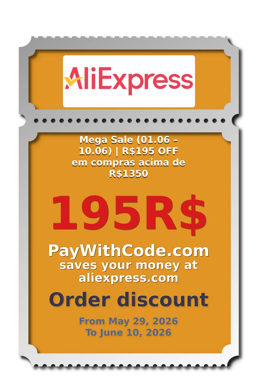 Mega Sale (01.06 – 10.06) | R$195 OFF em compras acima de R$1350 at AliExpress