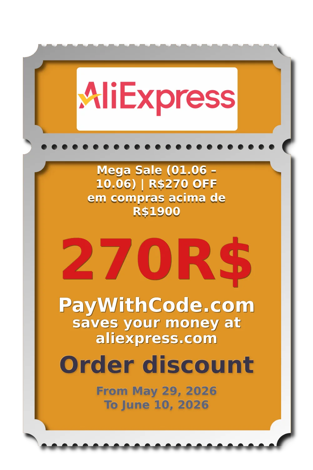 Mega Sale (01.06 – 10.06) | R$270 OFF em compras acima de R$1900 at AliExpress
