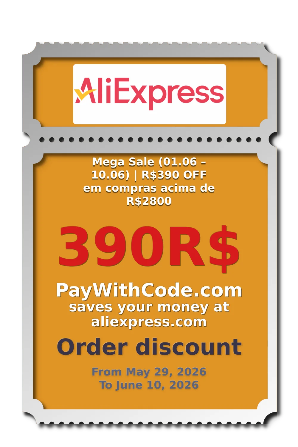 Mega Sale (01.06 – 10.06) | R$390 OFF em compras acima de R$2800 at AliExpress