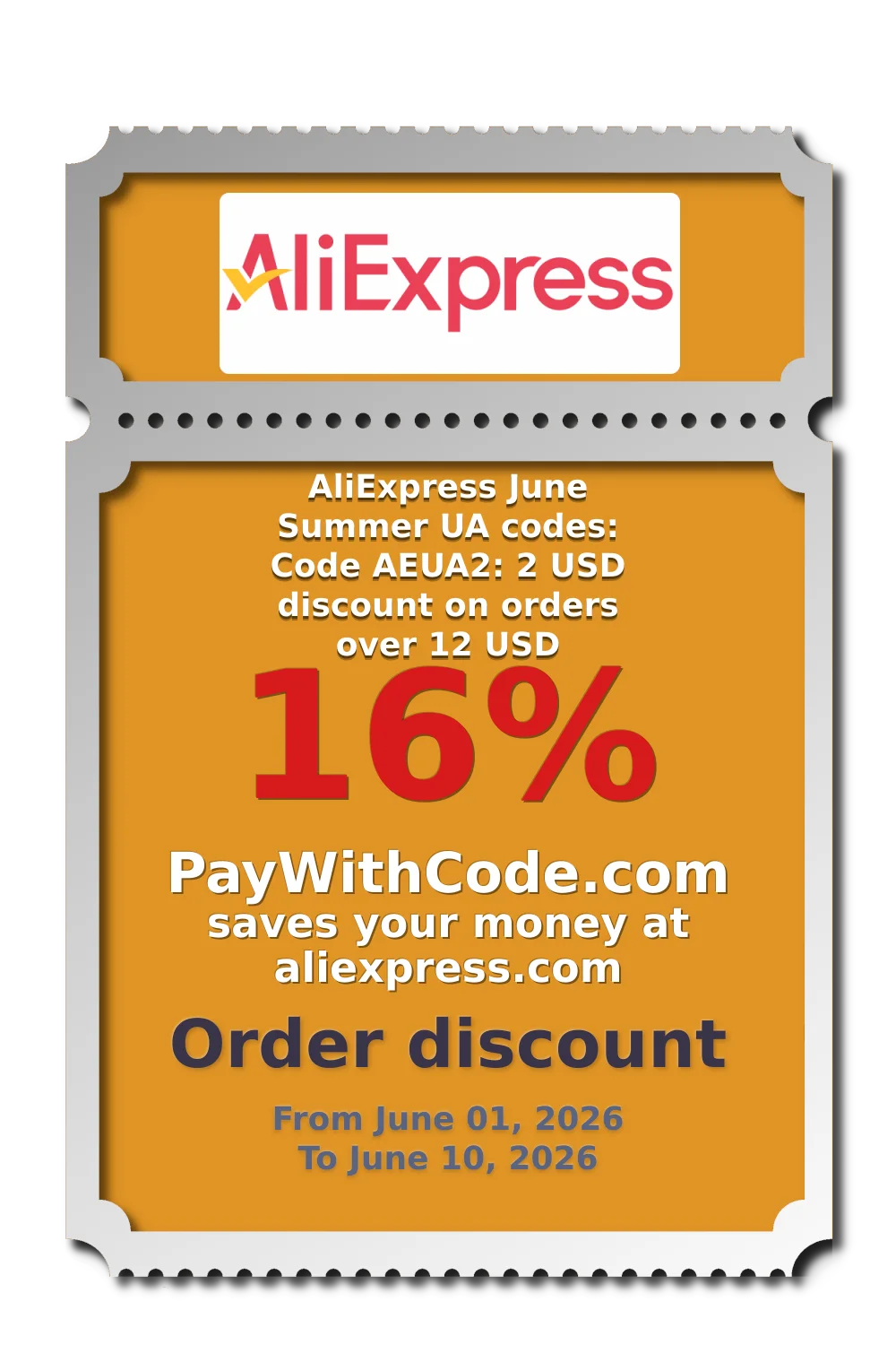 AliExpress June Summer UA codes: Code AEUA2: 2 USD discount on orders over 12 USD at AliExpress