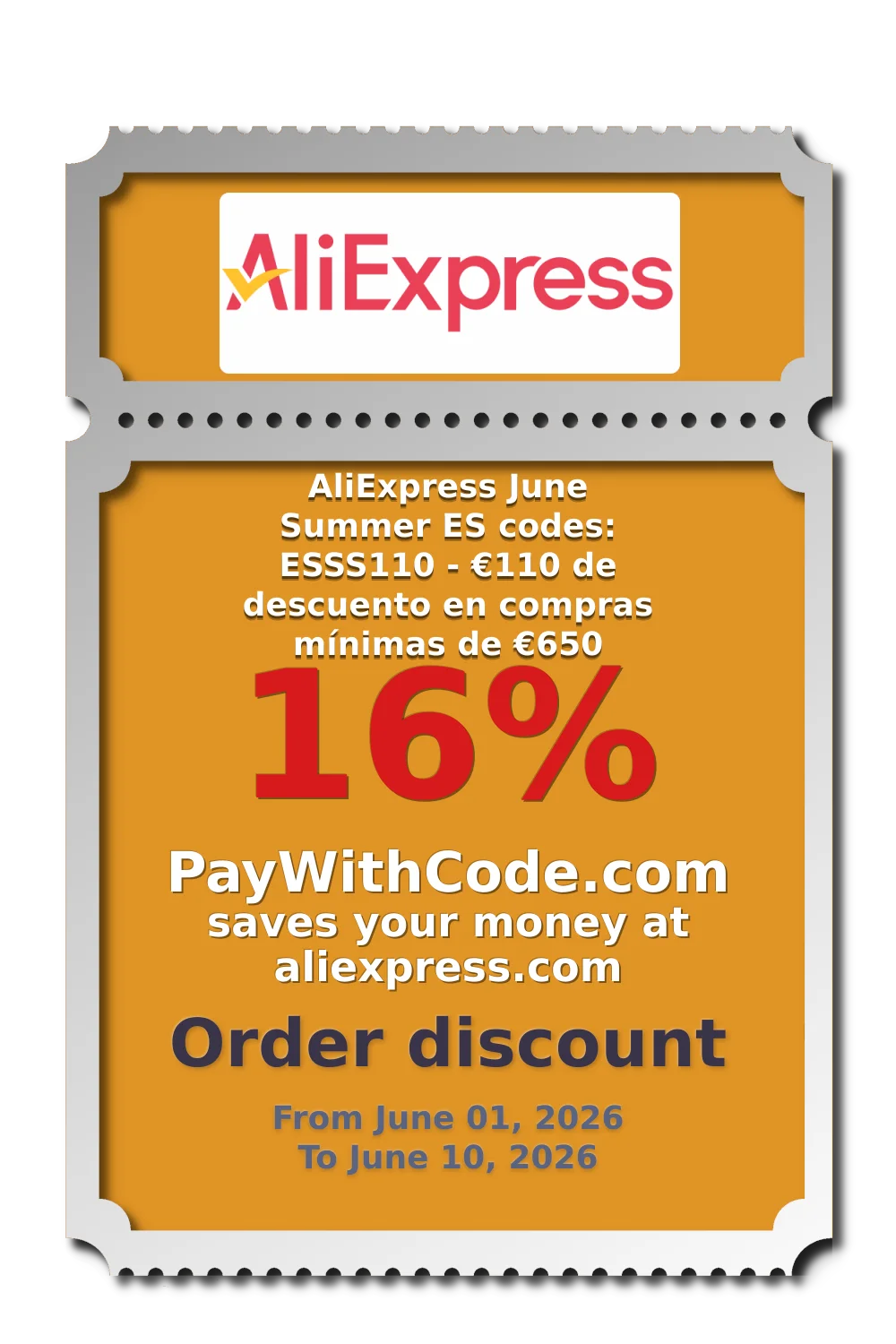 AliExpress June Summer ES codes: ESSS110 - €110 de descuento en compras mínimas de €650 at AliExpress