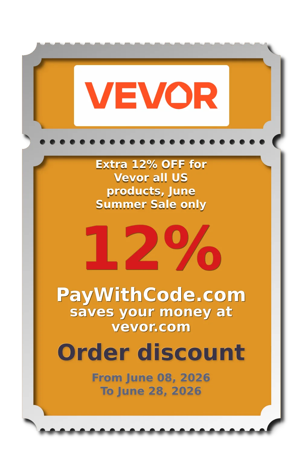 Extra 12% OFF for Vevor all US products, June Summer Sale only at Vevor