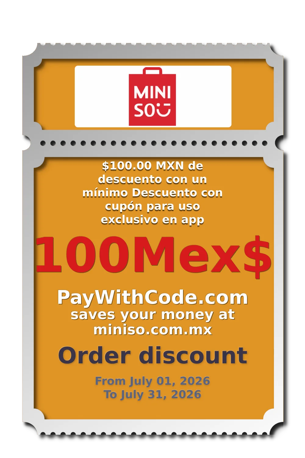 $100.00 MXN de descuento con un mínimo
Descuento con cupón para uso exclusivo en app Miniso México. at Miniso