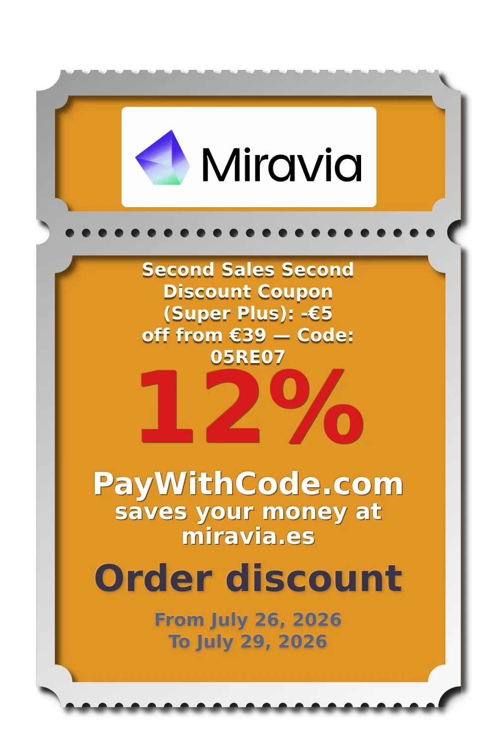 Second Sales Second Discount Coupon (Super Plus):
-€5 off from €39 — Code: 05RE07 at Miravia