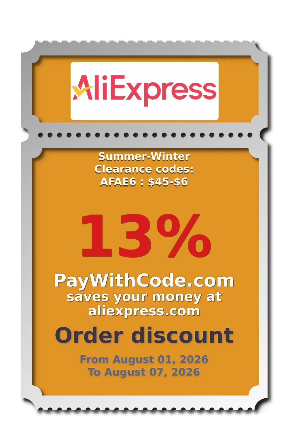 Summer-Winter Clearance codes: AFAE6 : $45-$6 at AliExpress