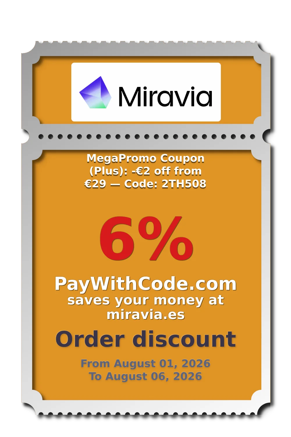 MegaPromo Coupon (Plus):
-€2 off from €29 — Code: 2TH508 at Miravia