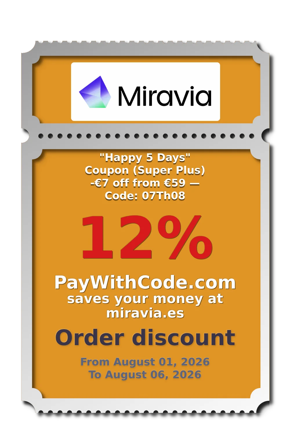 "Happy 5 Days" Coupon (Super Plus)
-€7 off from €59 — Code: 07Th08 at Miravia