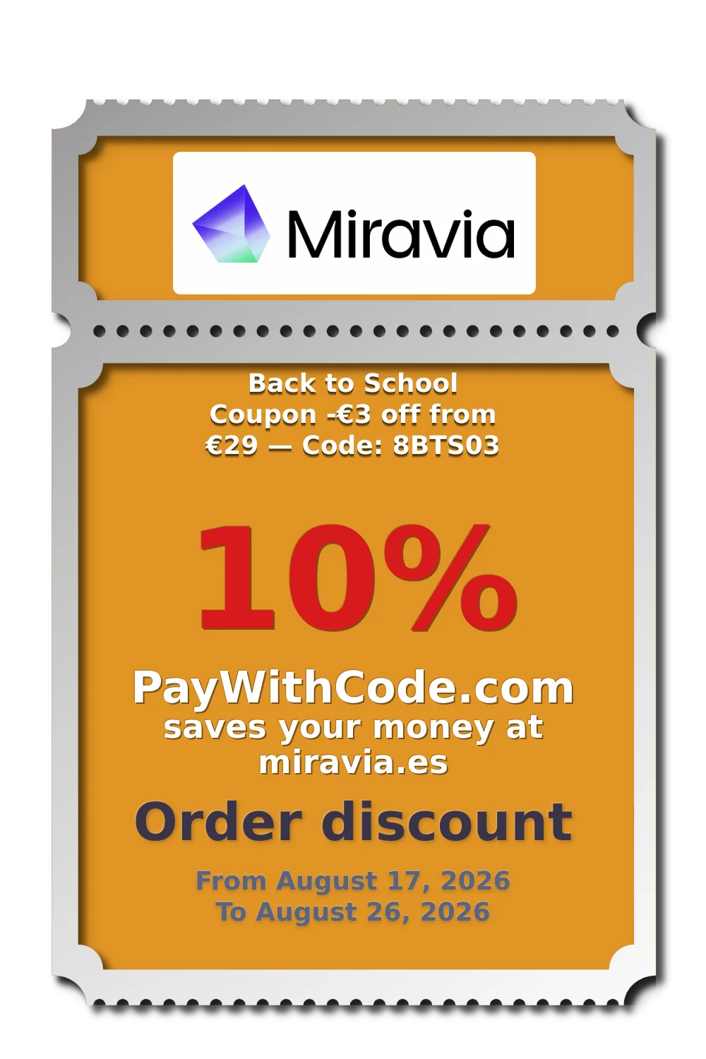 Back to School Coupon
-€3 off from €29 — Code: 8BTS03 at Miravia