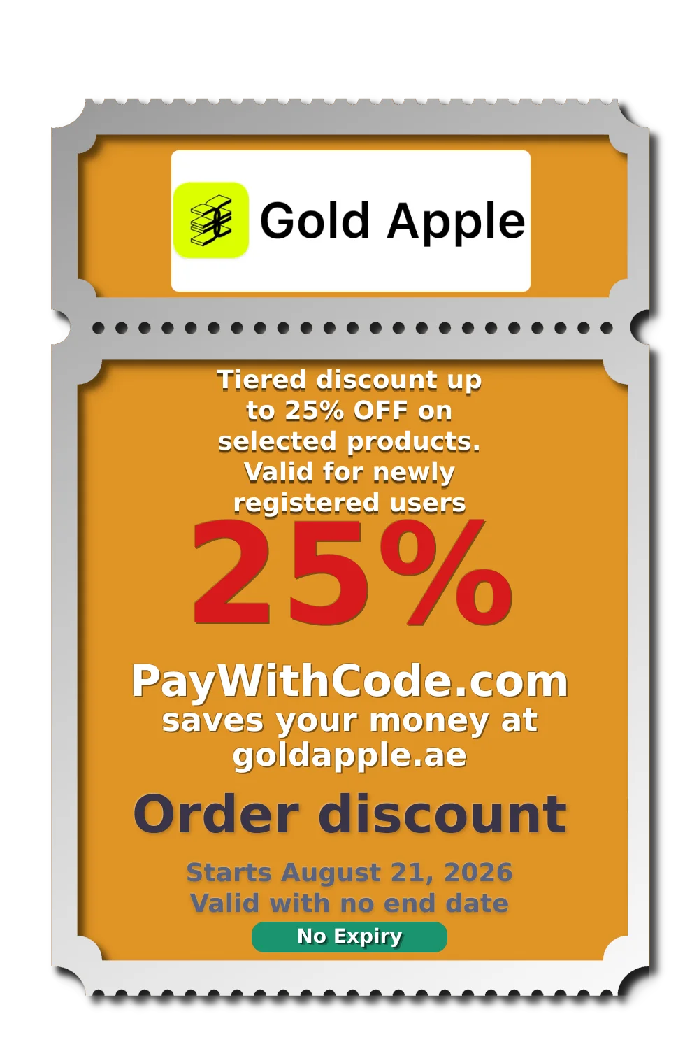 Tiered discount up to 25% OFF on selected products. Valid for newly registered users only at Gold Apple