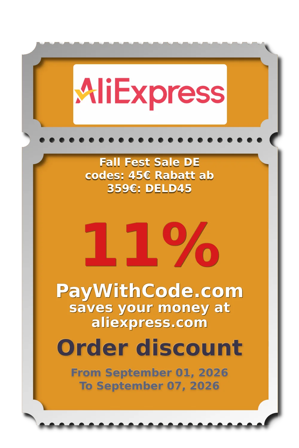Fall Fest Sale DE codes: 45€ Rabatt ab 359€: DELD45 at AliExpress