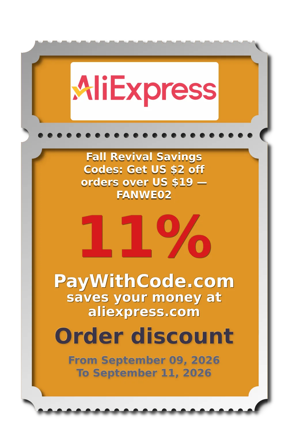 Fall Revival Savings Codes: Get US $2 off orders over US $19 — FANWE02 at AliExpress