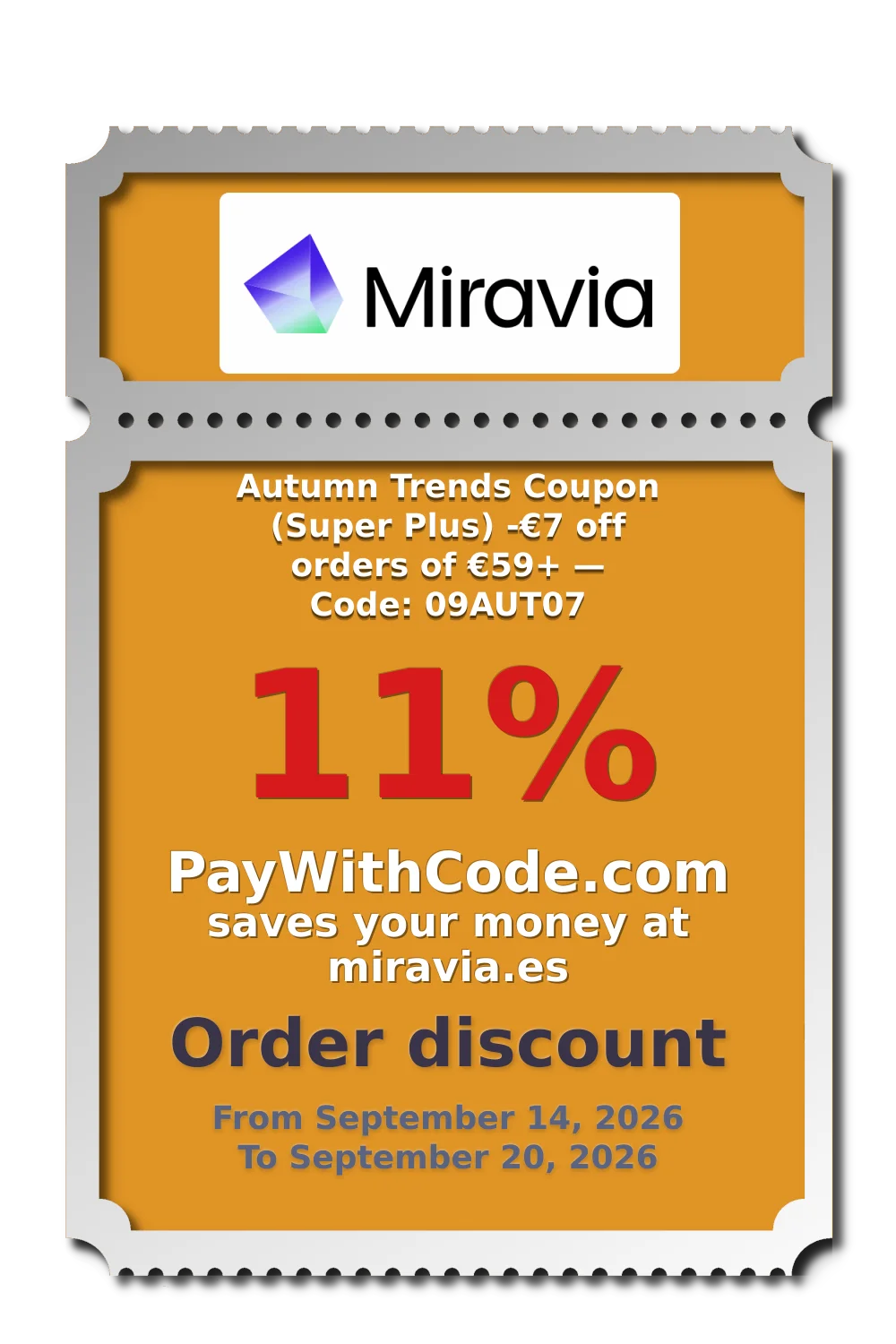 Autumn Trends Coupon (Super Plus)
-€7 off orders of €59+ — Code: 09AUT07 at Miravia