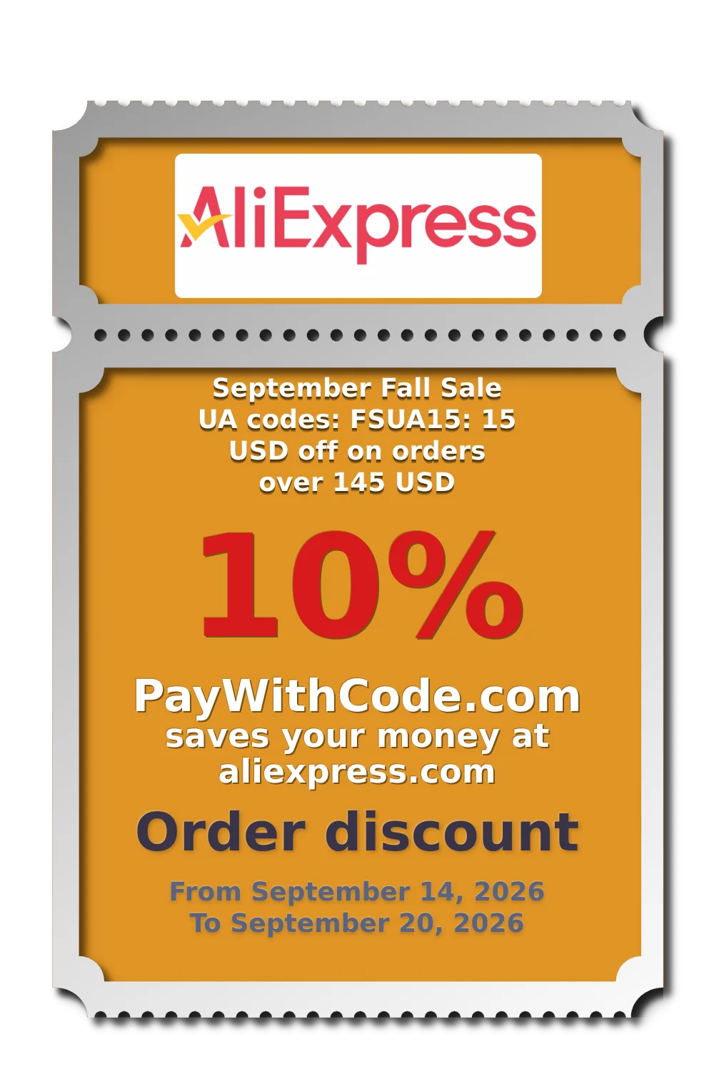 September Fall Sale UA codes: FSUA15: 15 USD off on orders over 145 USD at AliExpress