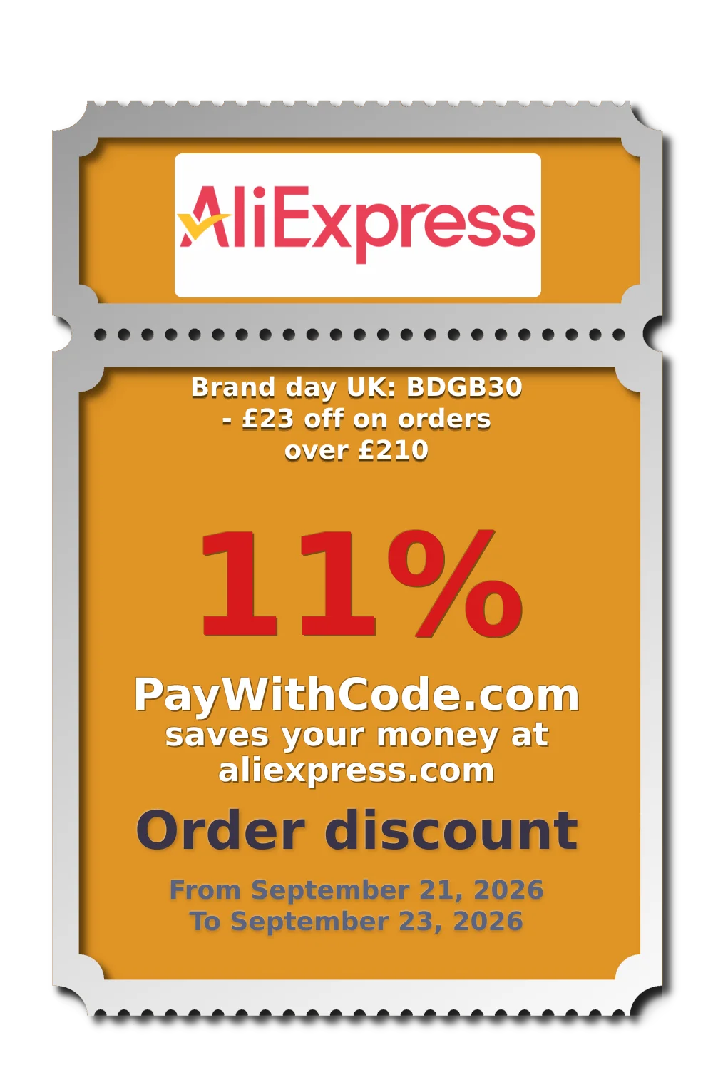 Brand day UK: BDGB30 - £23 off on orders over £210 at AliExpress